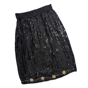 Vintage Midnight Run Black Silk Sequin Beaded Black‎ Gold Floral Midi Skirt 2X